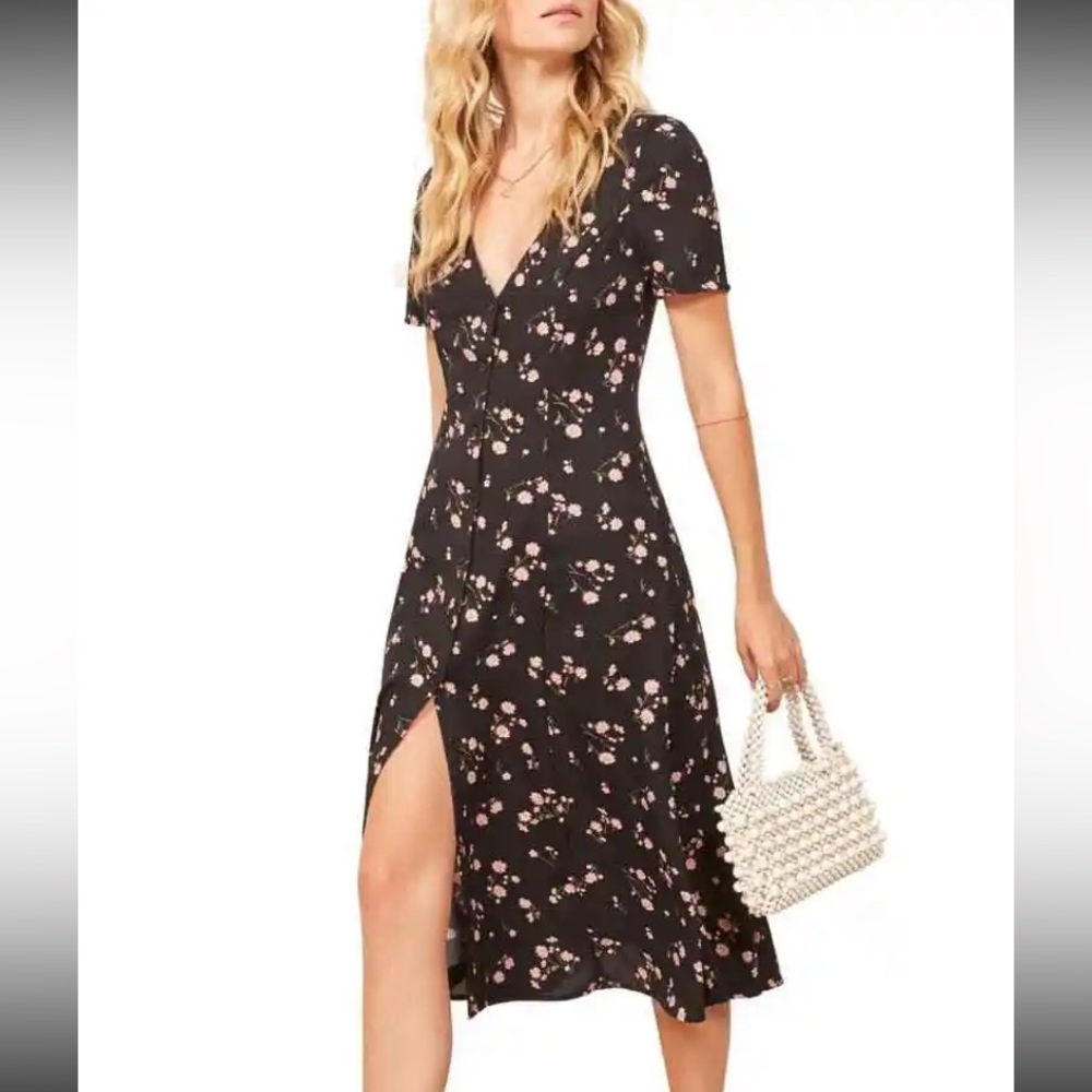 NWT Reformation Locklin Dress Ensenada Black Floral Midi Front Button Never Worn